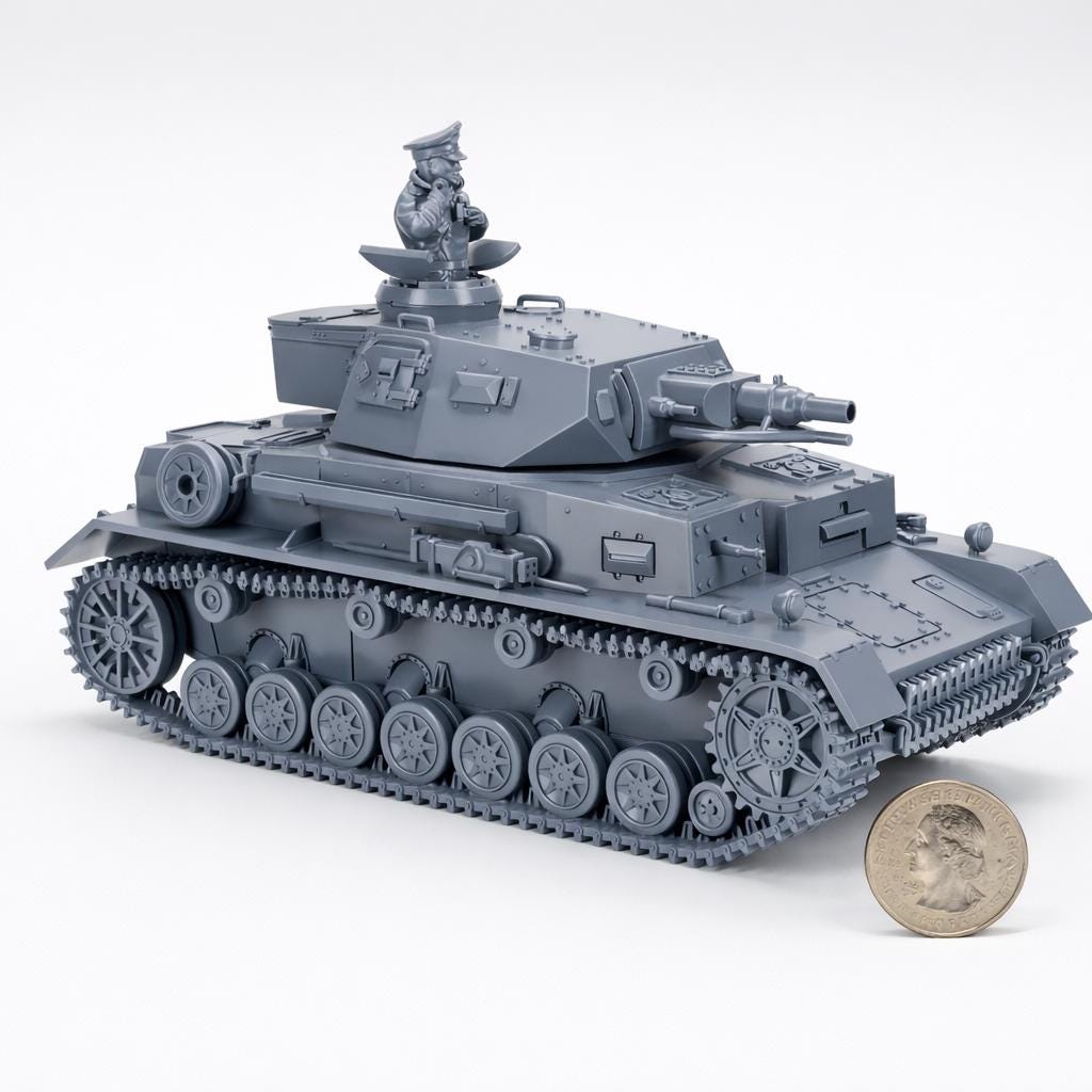 Panzer IV Ausf F1 Tank 3D Printed Unpainted WWII Bolt Action 28mm Commander Figure Multiple Scales