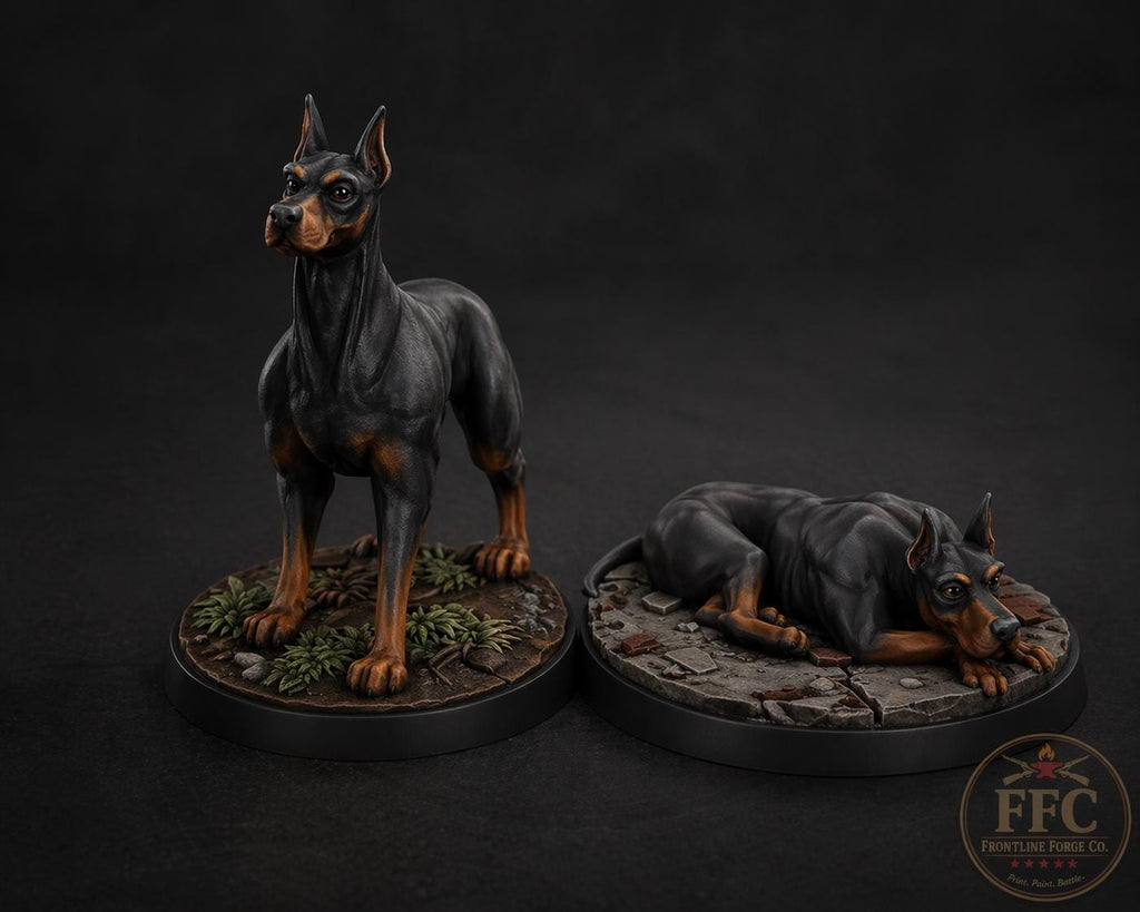 Dogs of War – Dobermann War Dog Two-Pack | WWII 3D Printed Resin Miniature | 6 Scales | Bolt Action Compatible