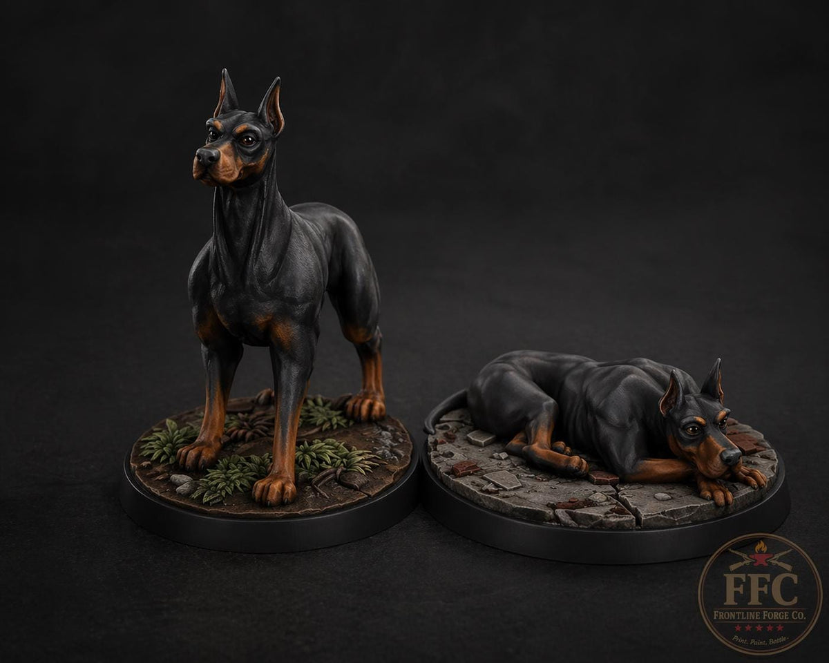 Dogs of War – Dobermann War Dog Two-Pack | WWII 3D Printed Resin Miniature | 6 Scales | Bolt Action Compatible