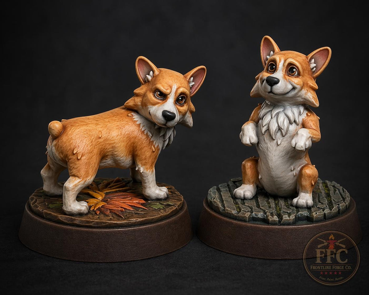 Dogs of War – Corgi Mascot Two-Pack | WWII 3D Printed Resin Miniature | 6 Scales | Bolt Action Compatible