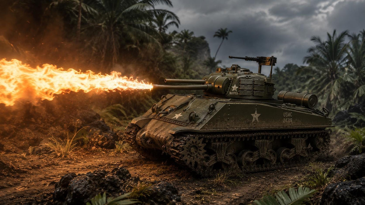 Sherman M4A3R3 Zippo Flamethrower Tank: 3D Printed WWII Miniature - Bolt Action Wargame - 6 Scales