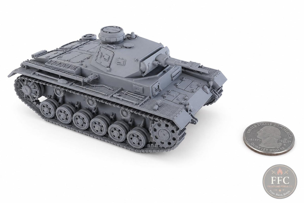 Panzer III Ausf F WWII Tank: 3D Printed Miniature - 6 Scales - Bolt Action Compatible