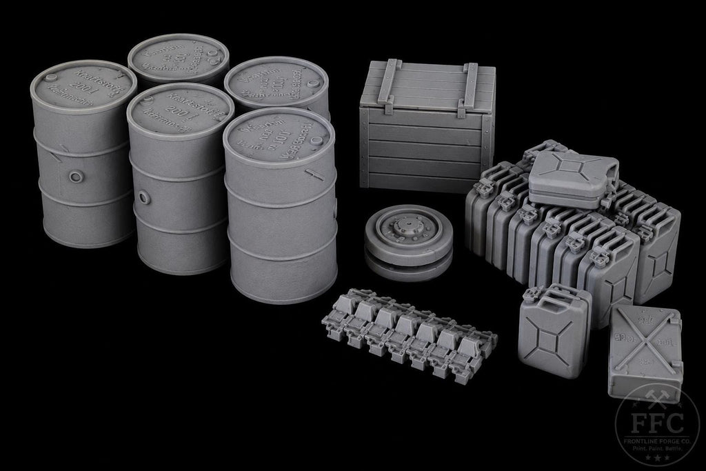 German WWII Stowage Set: 3D Printed Miniature Terrain Accessories - 6 Scales - Bolt Action