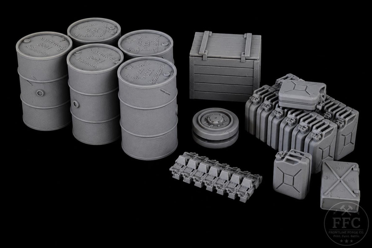 German WWII Stowage Set: 3D Printed Miniature Terrain Accessories - 6 Scales - Bolt Action