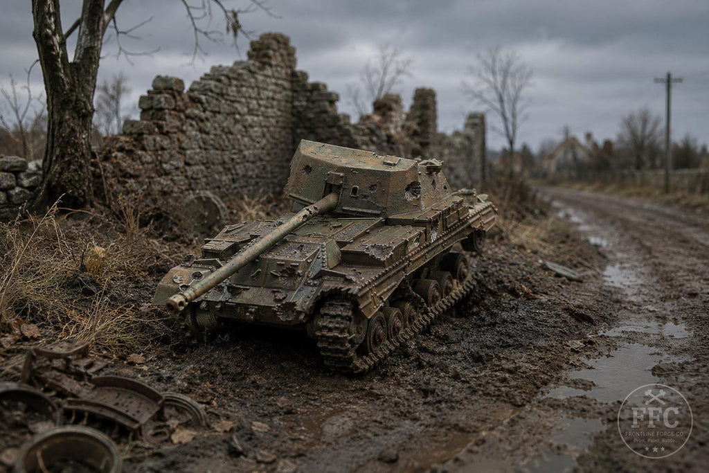 Destroyed Archer SPG: Battle Damage Wreck - WWII British Tank Destroyer Miniature - 6 Scales - Bolt Action Terrain