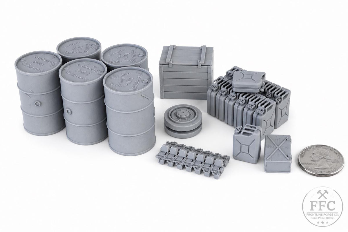 German WWII Stowage Set: 3D Printed Miniature Terrain Accessories - 6 Scales - Bolt Action