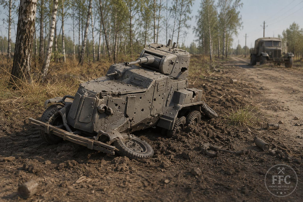 Destroyed BA-10 Armored Car: Battle Damage Wreck - WWII Soviet Vehicle Miniature - 6 Scales - Bolt Action Terrain